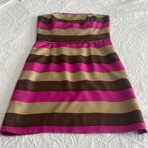 Pink, brown, and gold striped silk strapless dress